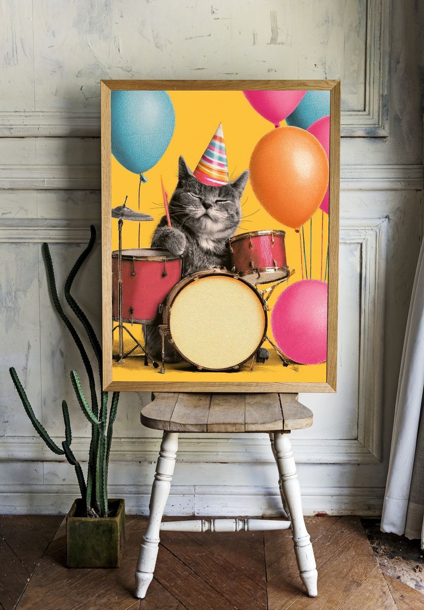 Party Cat Drummer Illustration Poster. — room view 1
