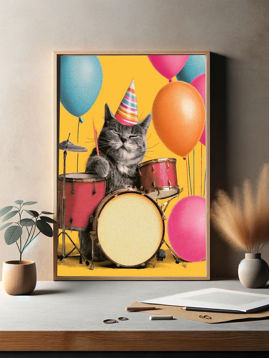 Party Cat Drummer Illustration Poster. — room view 2