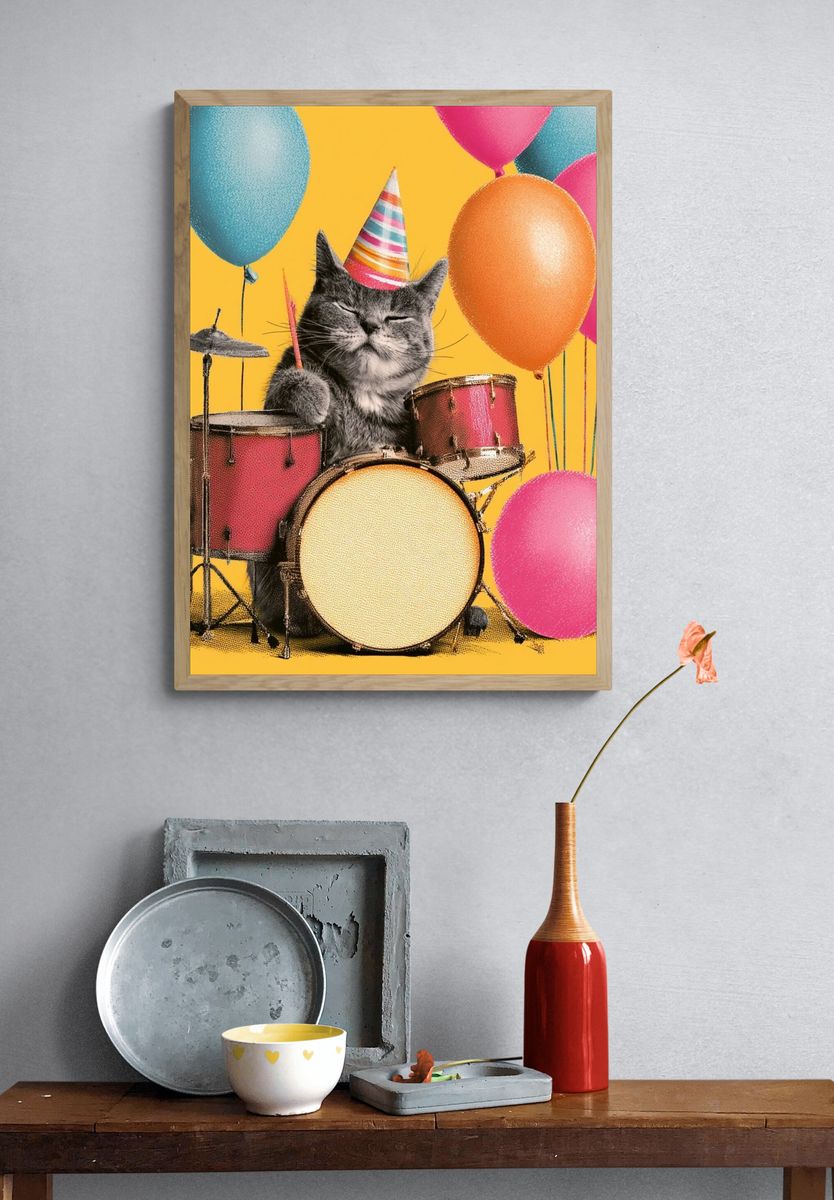 Party Cat Drummer Illustration Poster. — room view 3
