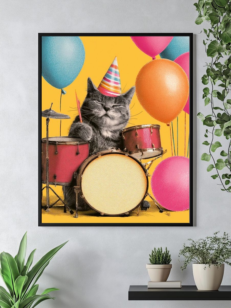 Party Cat Drummer Illustration Poster. — room view 4