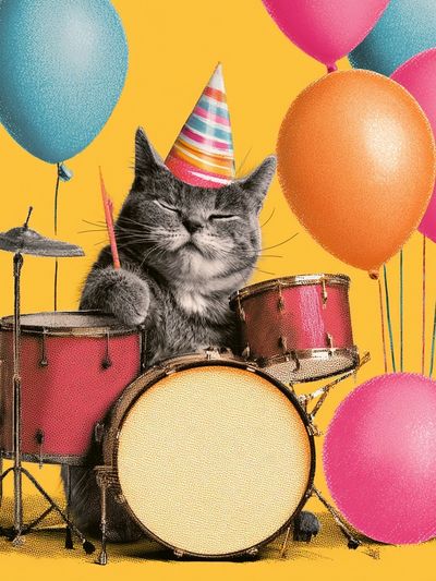 Party Cat Drummer Illustration Poster.