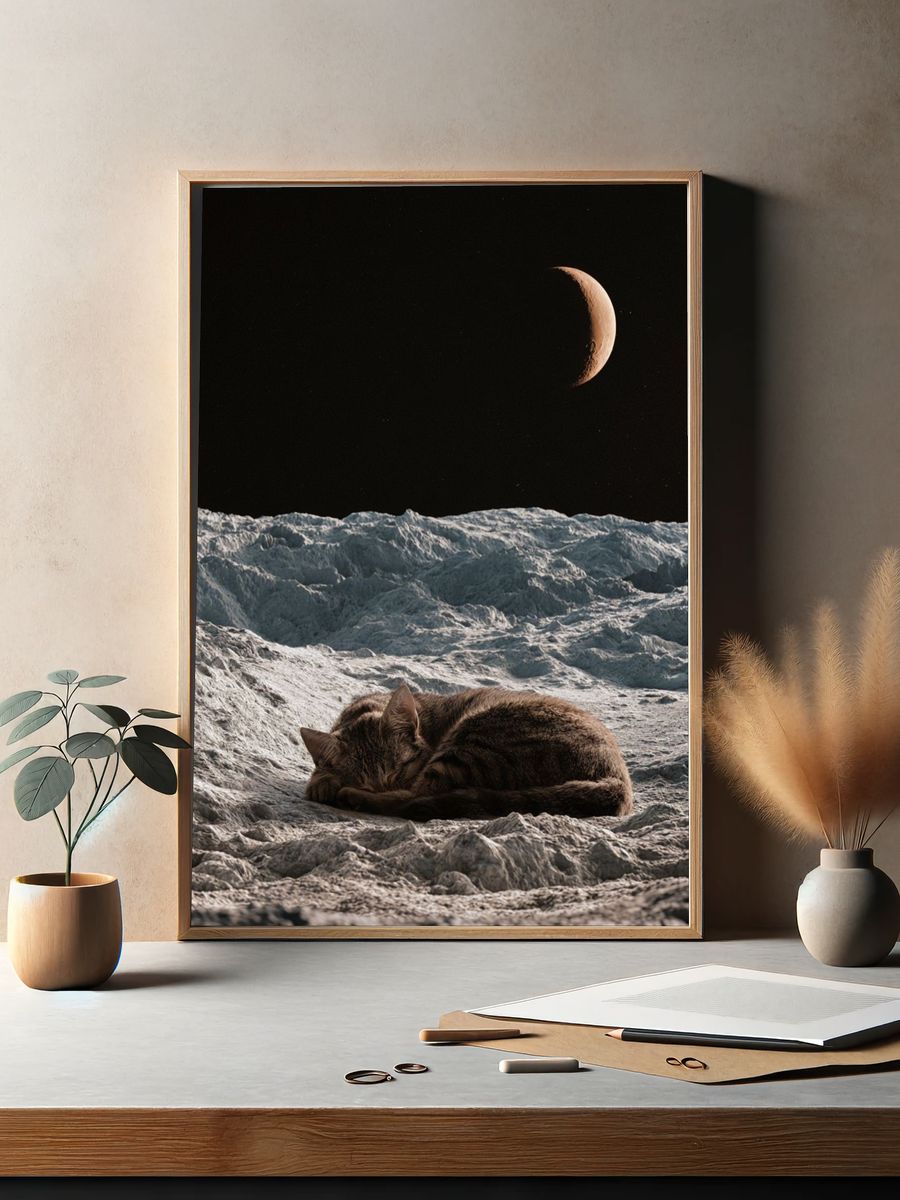 Sleeping Cat on Moon — Surreal Print. — room view 2