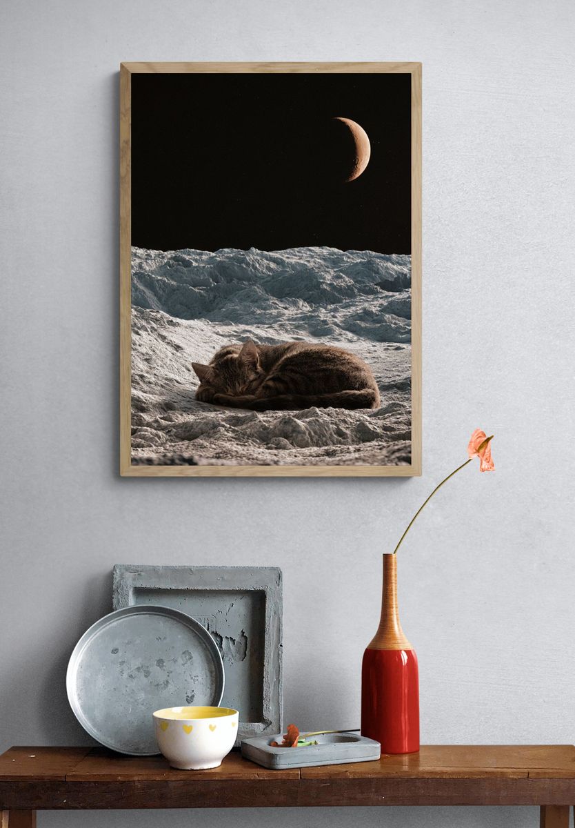 Sleeping Cat on Moon — Surreal Print. — room view 3