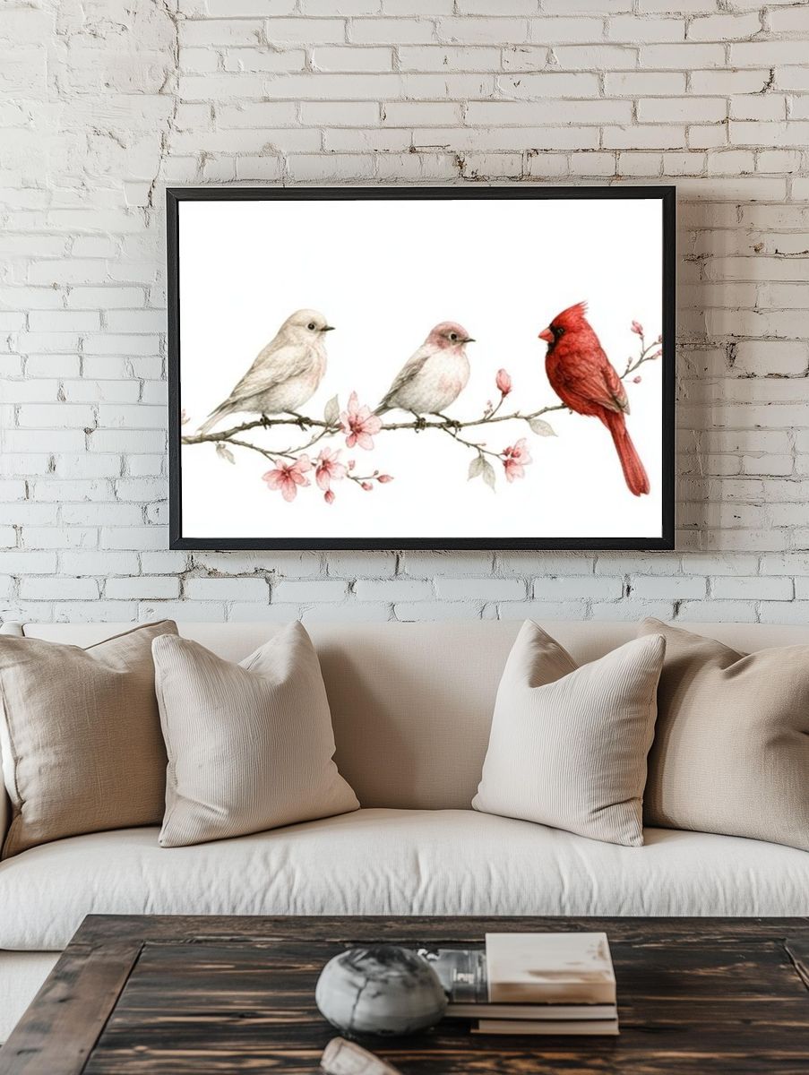 Birds on Blossom Branch Illustration Poster. room preview