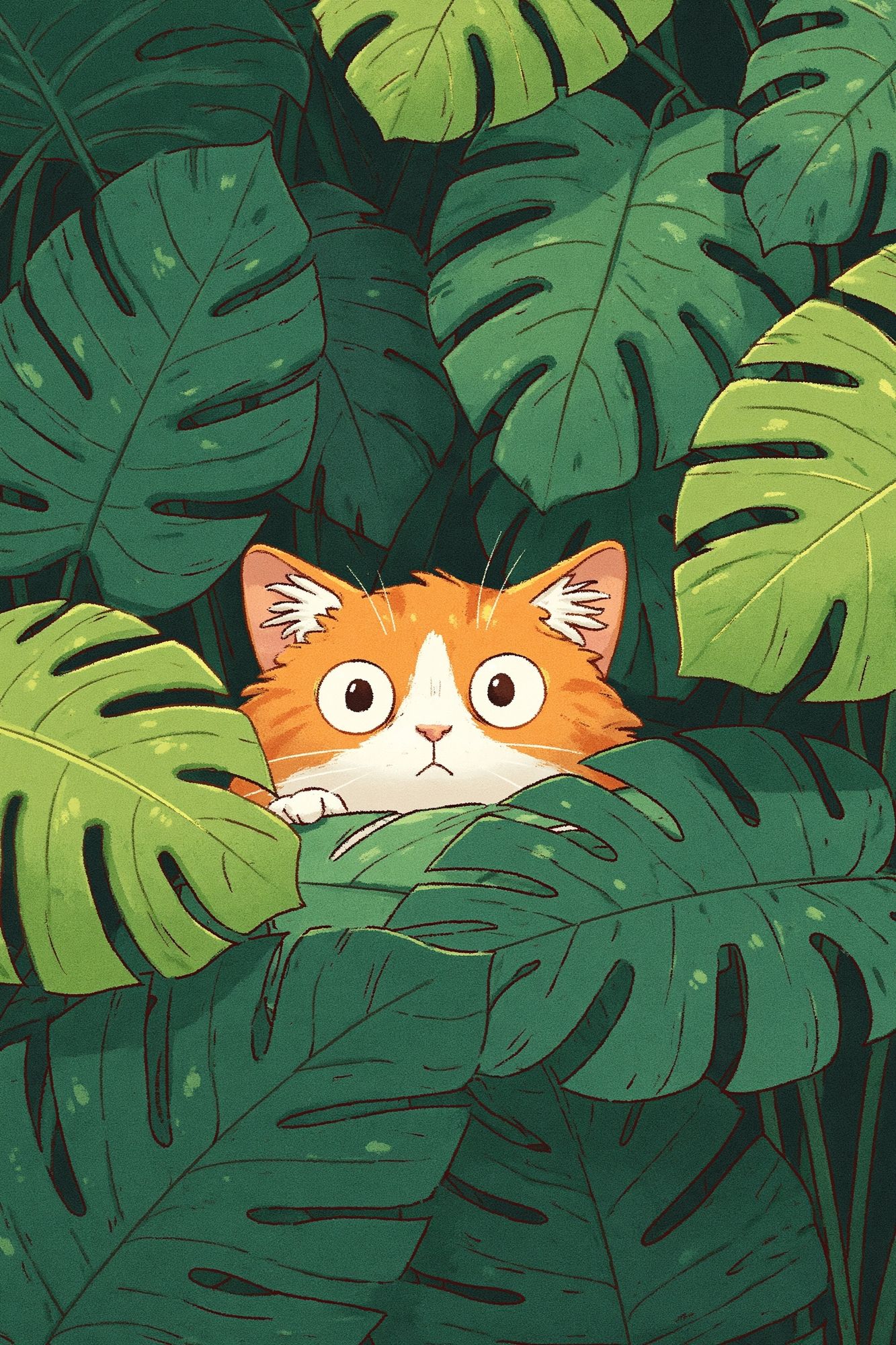 Curious Cat in Jungle Leaves Poster. poster detail