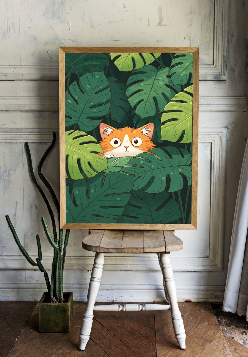 Curious Cat in Jungle Leaves Poster. room preview