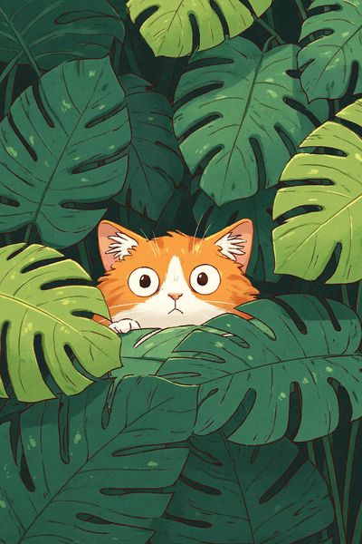 Curious Cat in Jungle Leaves Poster. poster