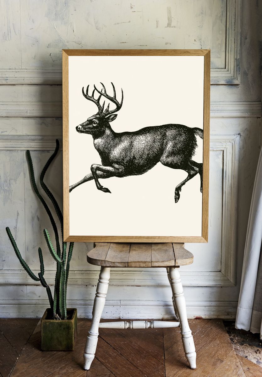 Leaping Deer Vintage Print. room preview