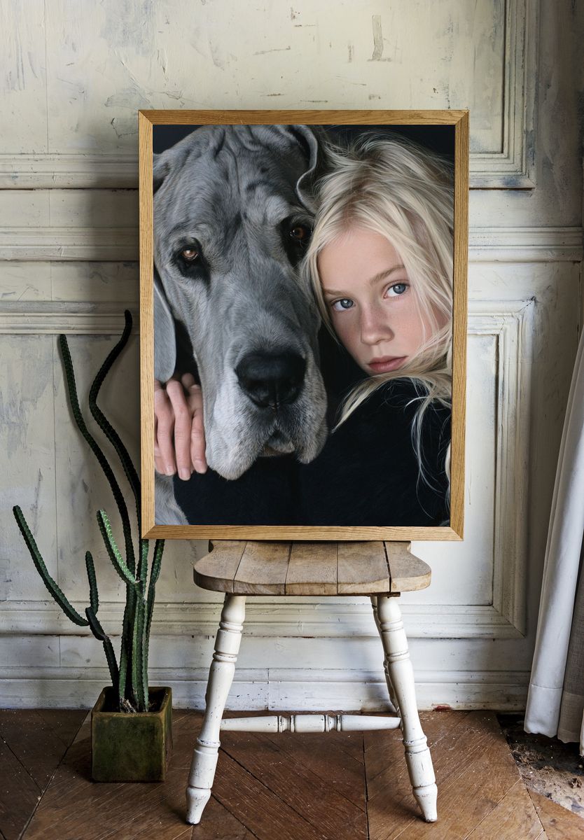 Girl and Great Dane Portrait Print. room preview