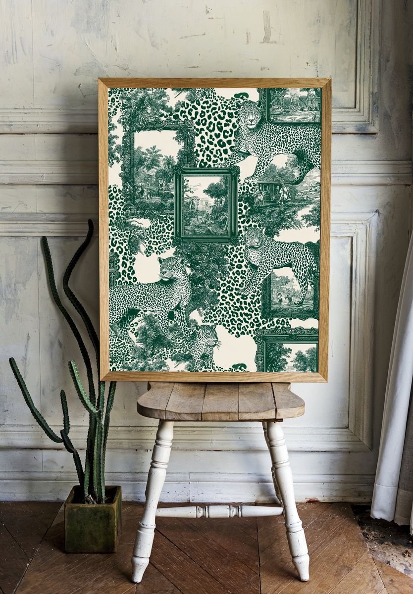 Leopard Toile Green Print. room preview