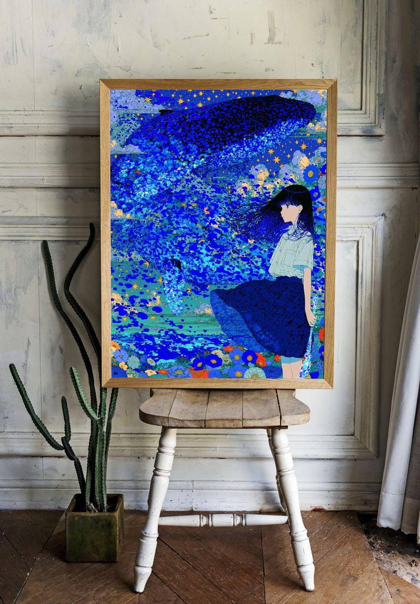 Whale and Girl Dreamscape Print. room preview