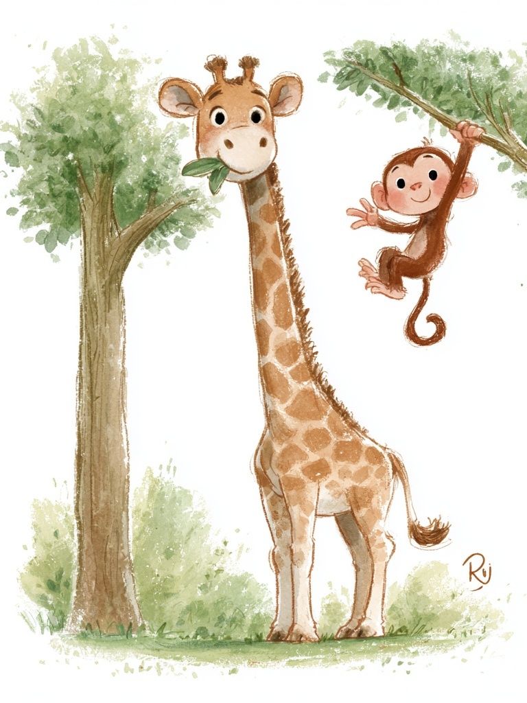 Giraffe and Monkey Watercolor Poster. poster — animals art