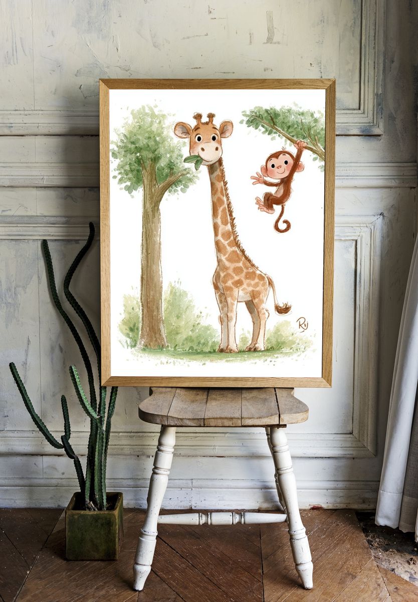 Giraffe and Monkey Watercolor Poster. — room view 1