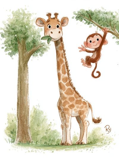 Giraffe and Monkey Watercolor Poster.