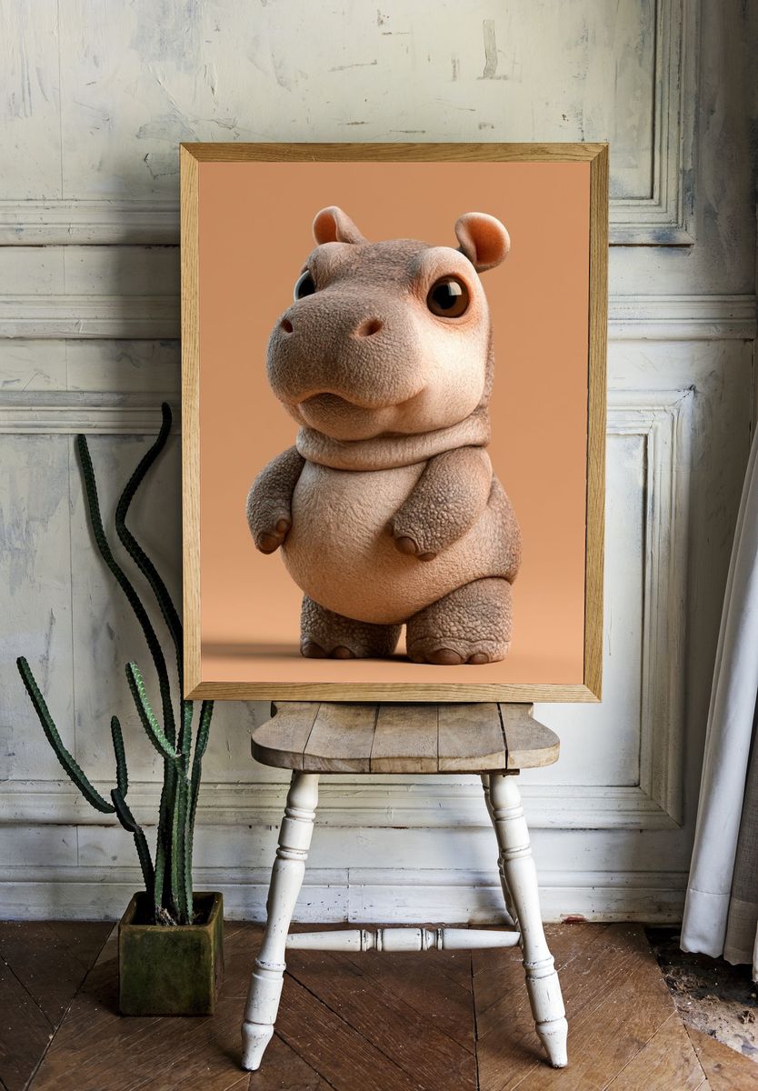 Cute Hippo 3D Illustration Poster. — room view 1