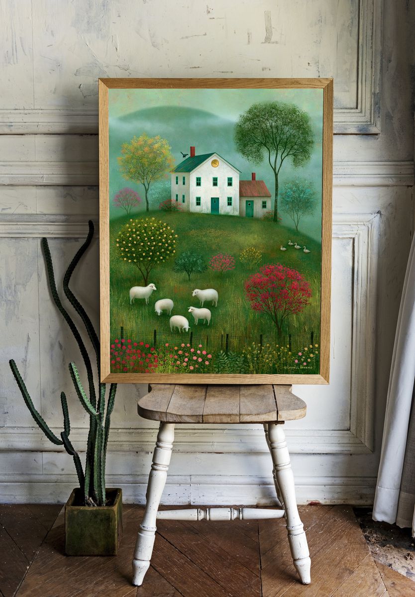 Pastoral Sheep Meadow Illustration Poster. room preview