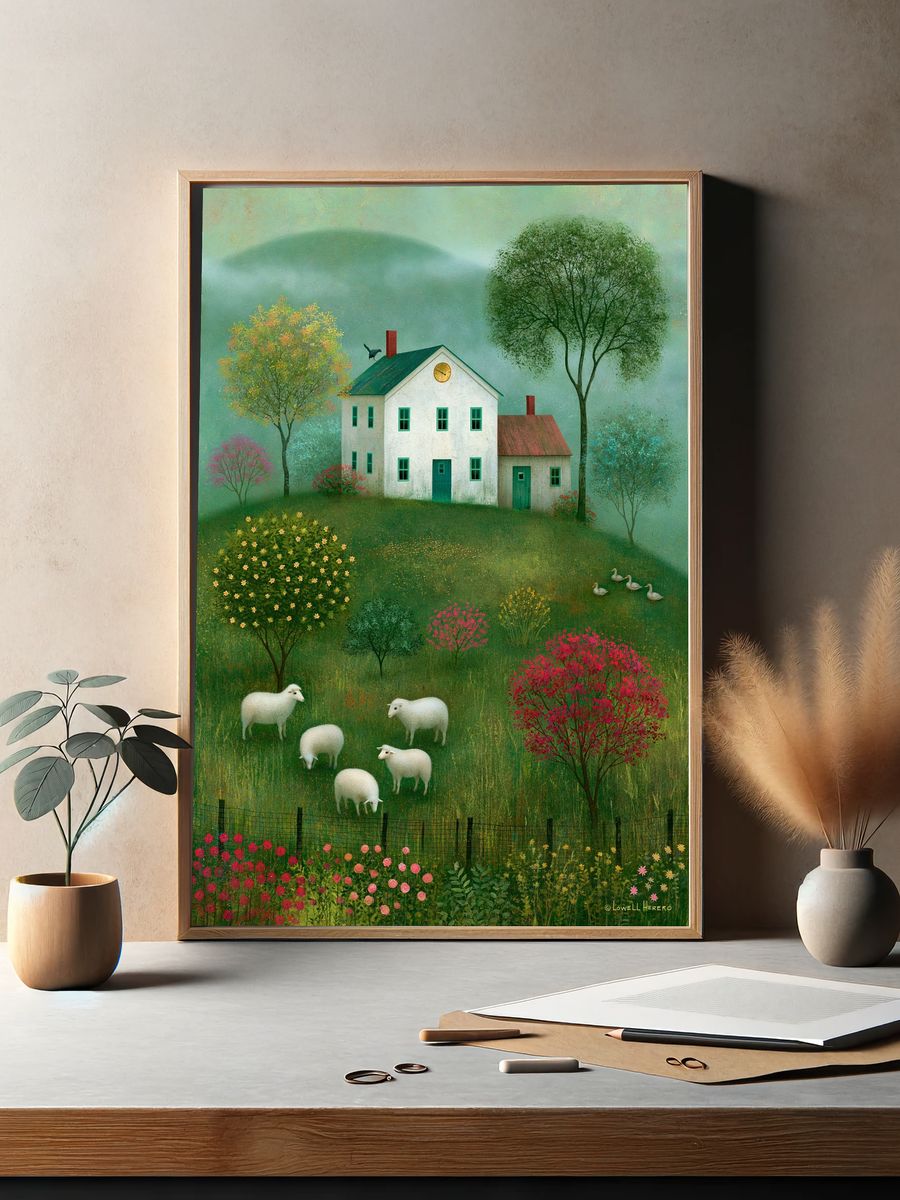Pastoral Sheep Meadow Illustration Poster. — room view 2
