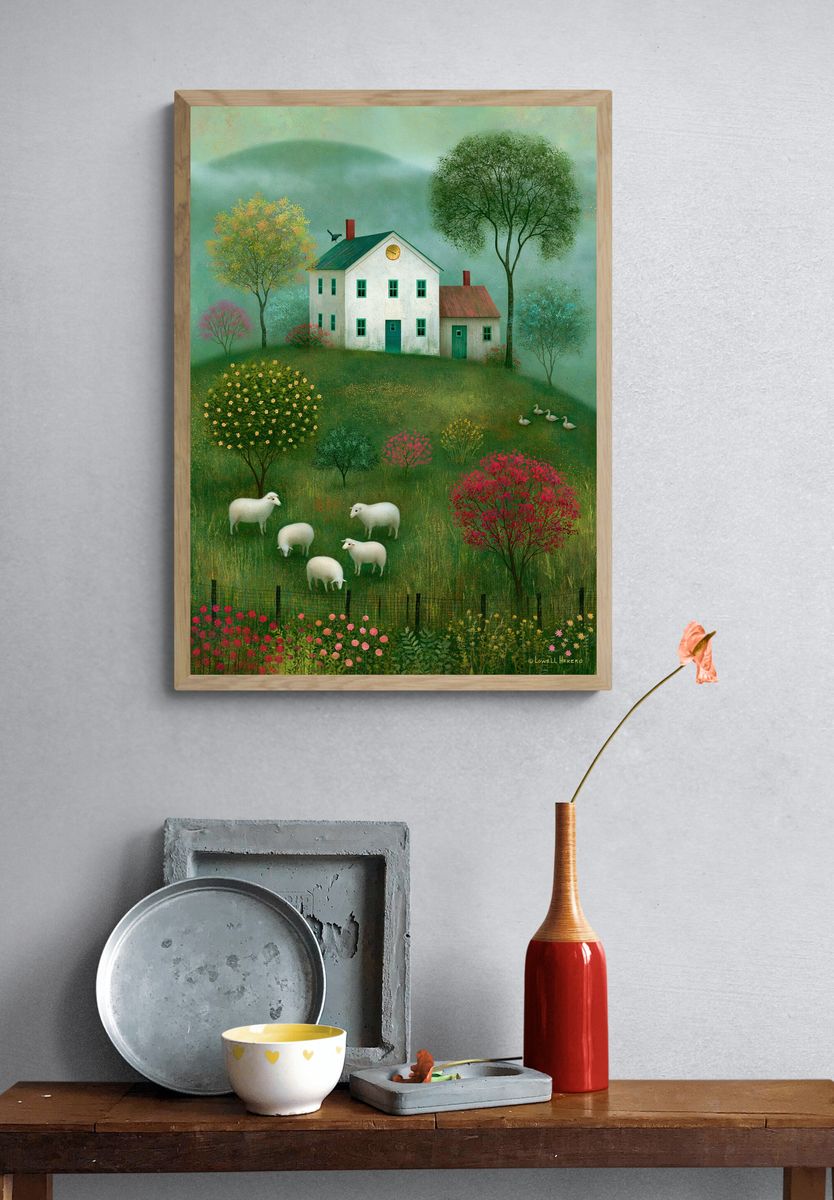 Pastoral Sheep Meadow Illustration Poster. — room view 3