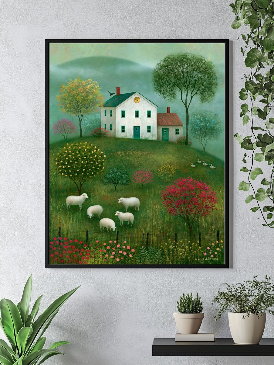 Pastoral Sheep Meadow Illustration Poster. — room view 4