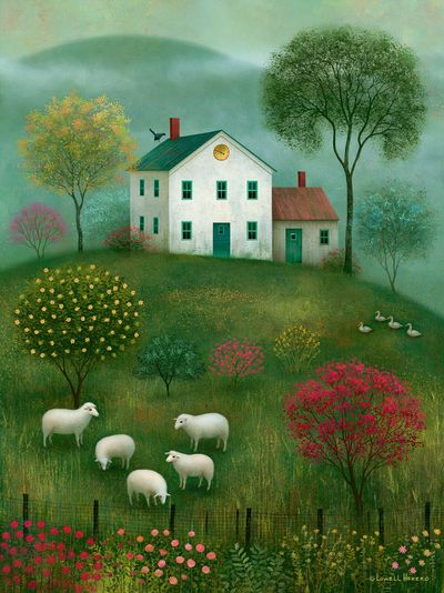 Pastoral Sheep Meadow Illustration Poster.