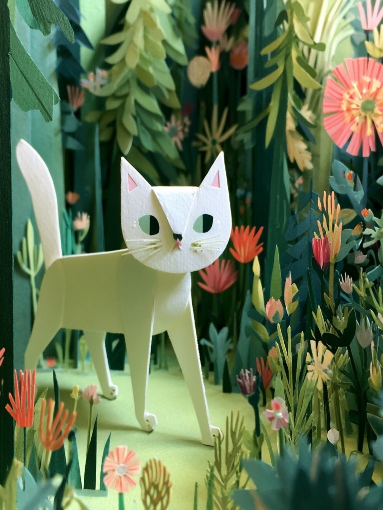 Paper Cat in Floral Forest Poster. poster — animals art