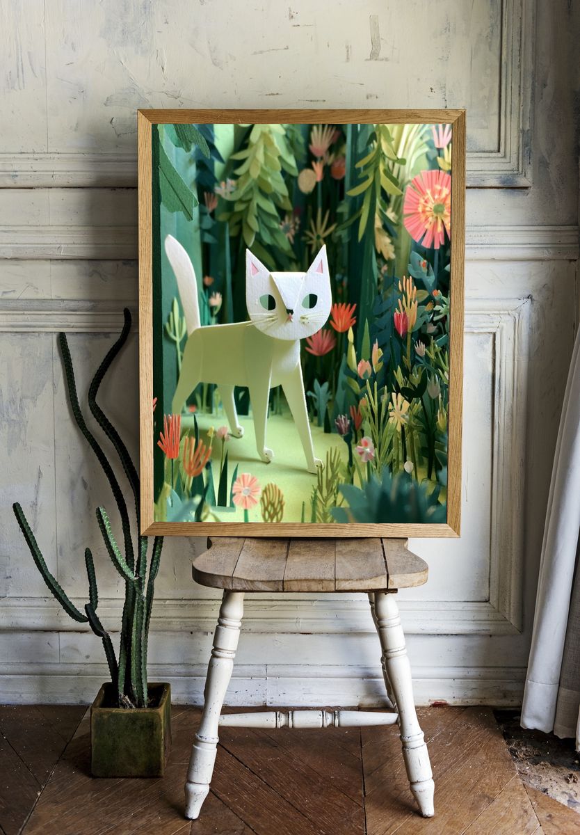 Paper Cat in Floral Forest Poster. room preview