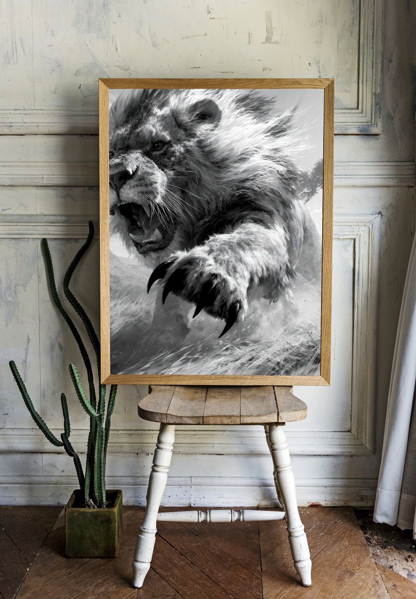 Roaring Lion Black-White Poster. room preview
