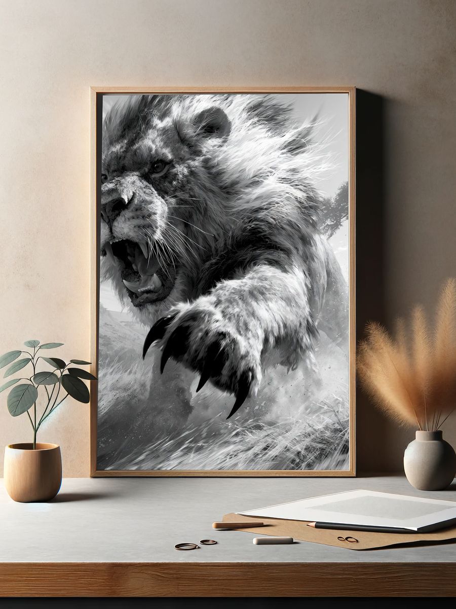 Roaring Lion Black-White Poster. — room view 2
