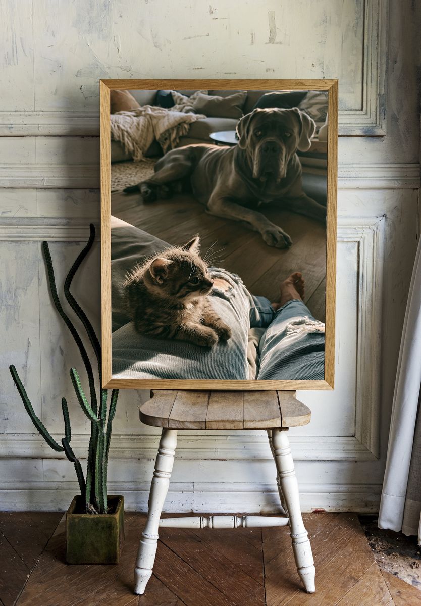 Cozy Cat and Dog Living Room Poster. room preview