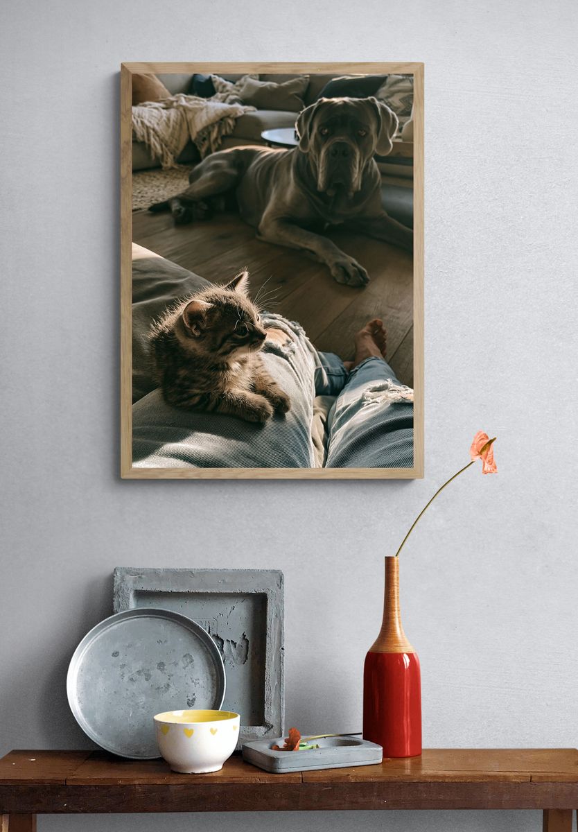 Cozy Cat and Dog Living Room Poster. — room view 3