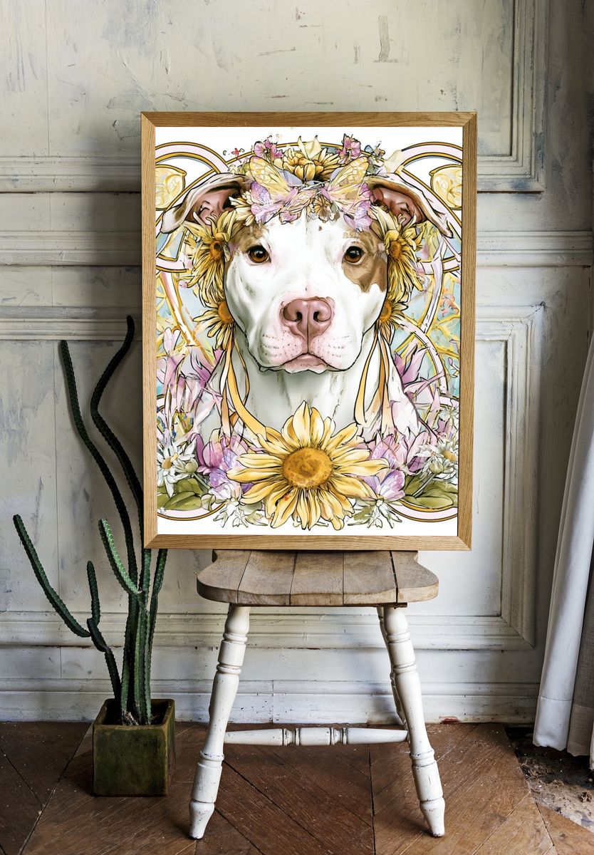 Floral Pit Bull Illustration Poster. room preview