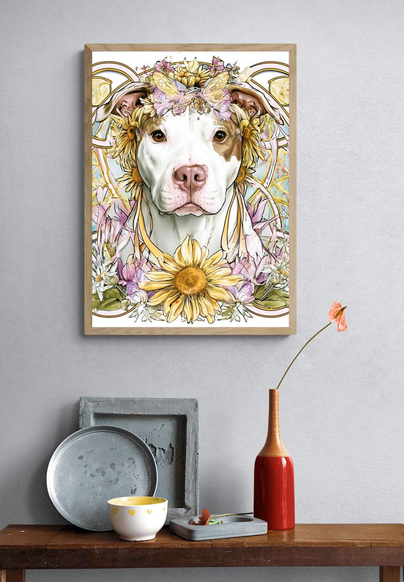 Floral Pit Bull Illustration Poster. — room view 3