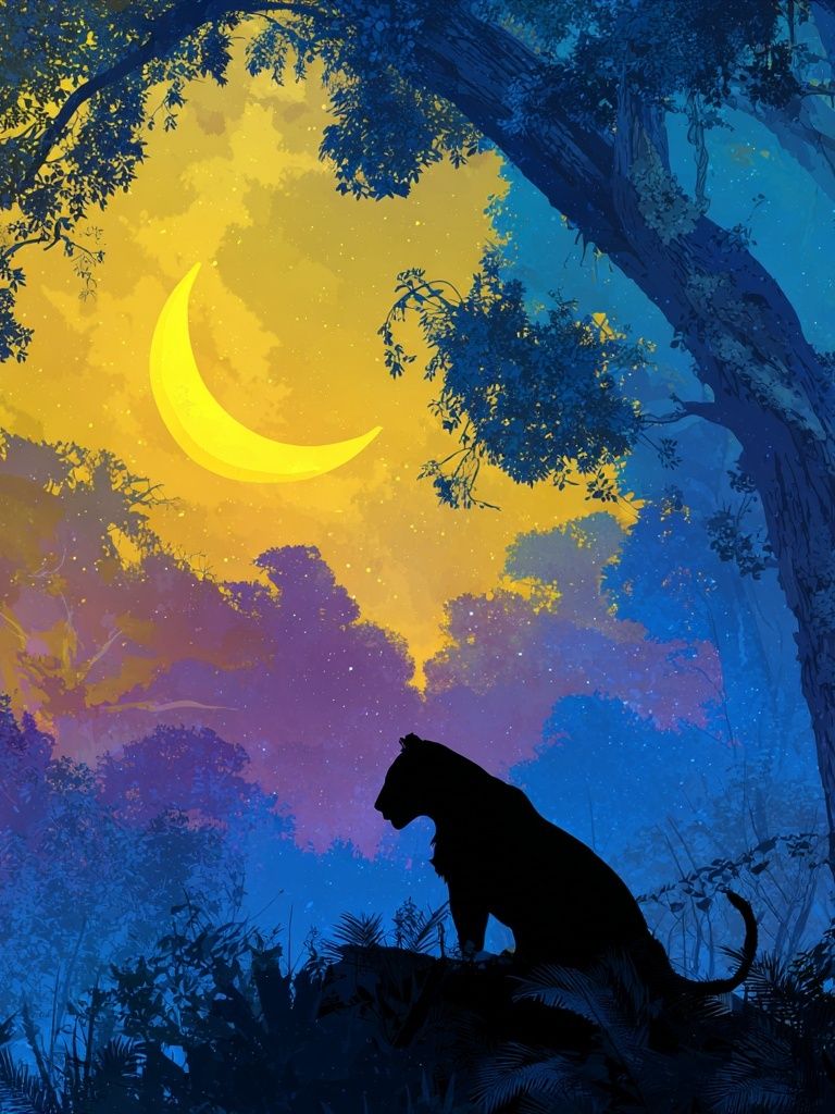 Moonlit Panther Jungle Illustration Poster. poster detail