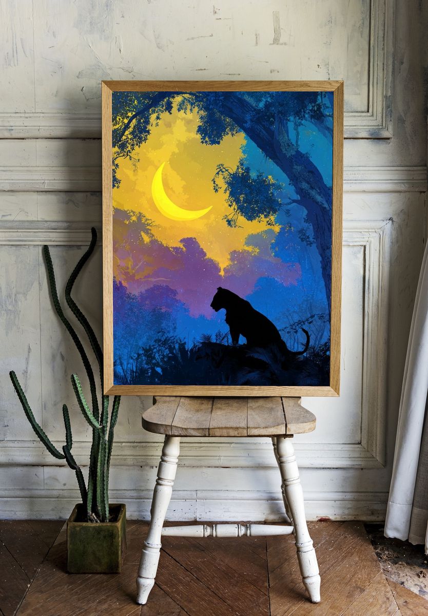 Moonlit Panther Jungle Illustration Poster. — room view 1