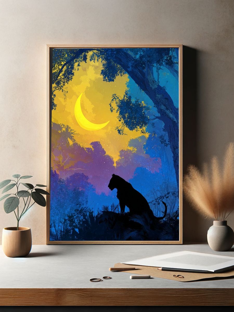 Moonlit Panther Jungle Illustration Poster. — room view 2