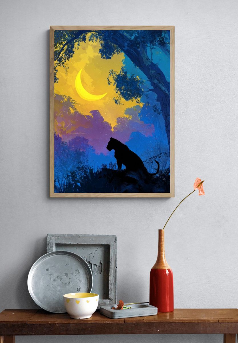 Moonlit Panther Jungle Illustration Poster. — room view 3