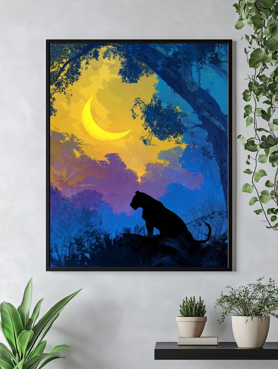 Moonlit Panther Jungle Illustration Poster. — room view 4