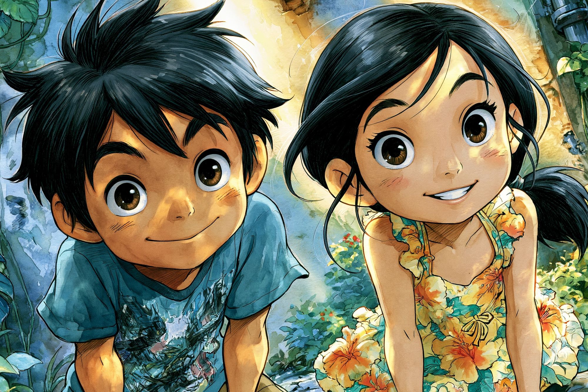 Whimsical Children in Garden Illustration Poster. poster — anime art