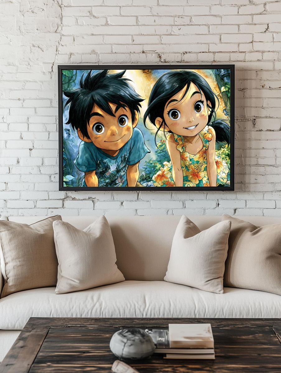 Whimsical Children in Garden Illustration Poster. — room view 1