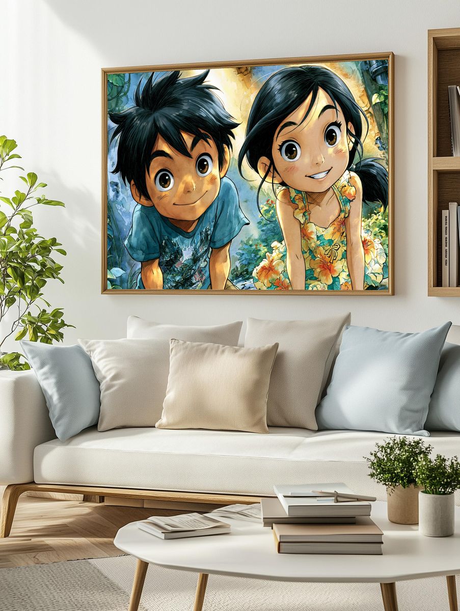 Whimsical Children in Garden Illustration Poster. — room view 2
