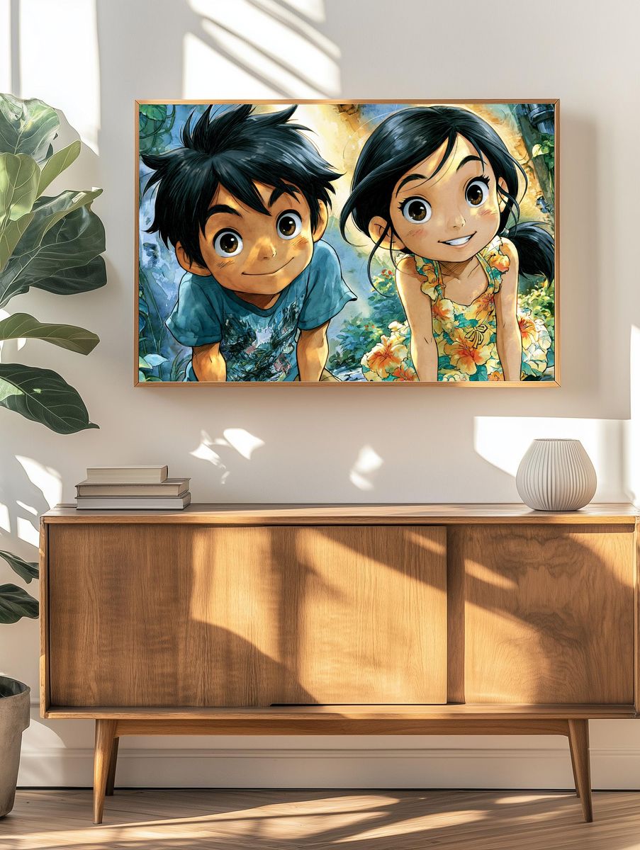Whimsical Children in Garden Illustration Poster. — room view 3