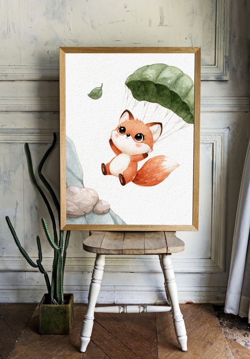Parachuting Fox Watercolor Print. room preview