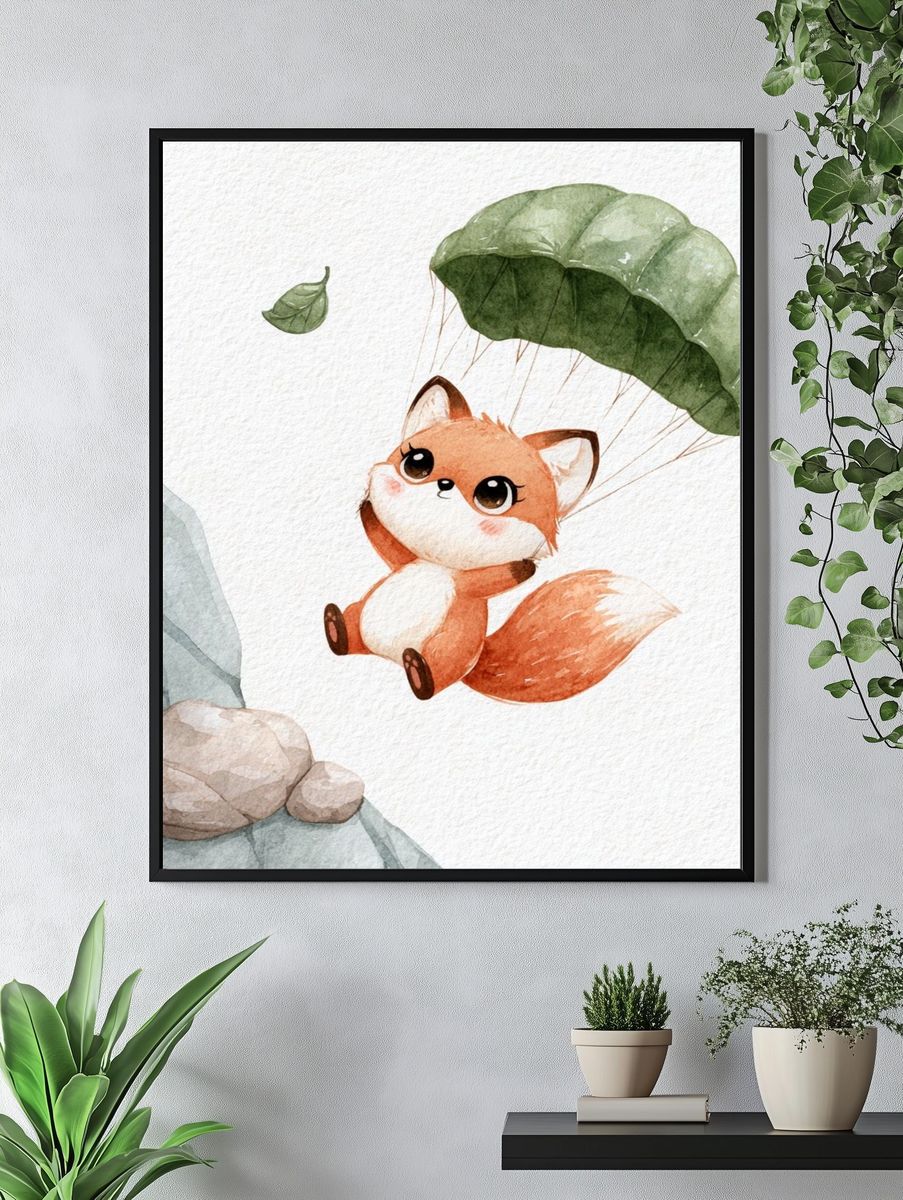 Parachuting Fox Watercolor Print. — room view 4