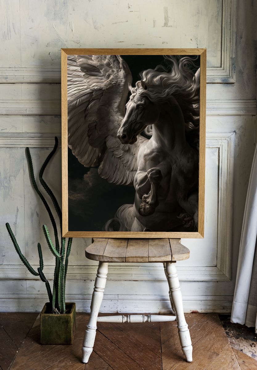 Winged Pegasus Dark Fantasy Print. room preview