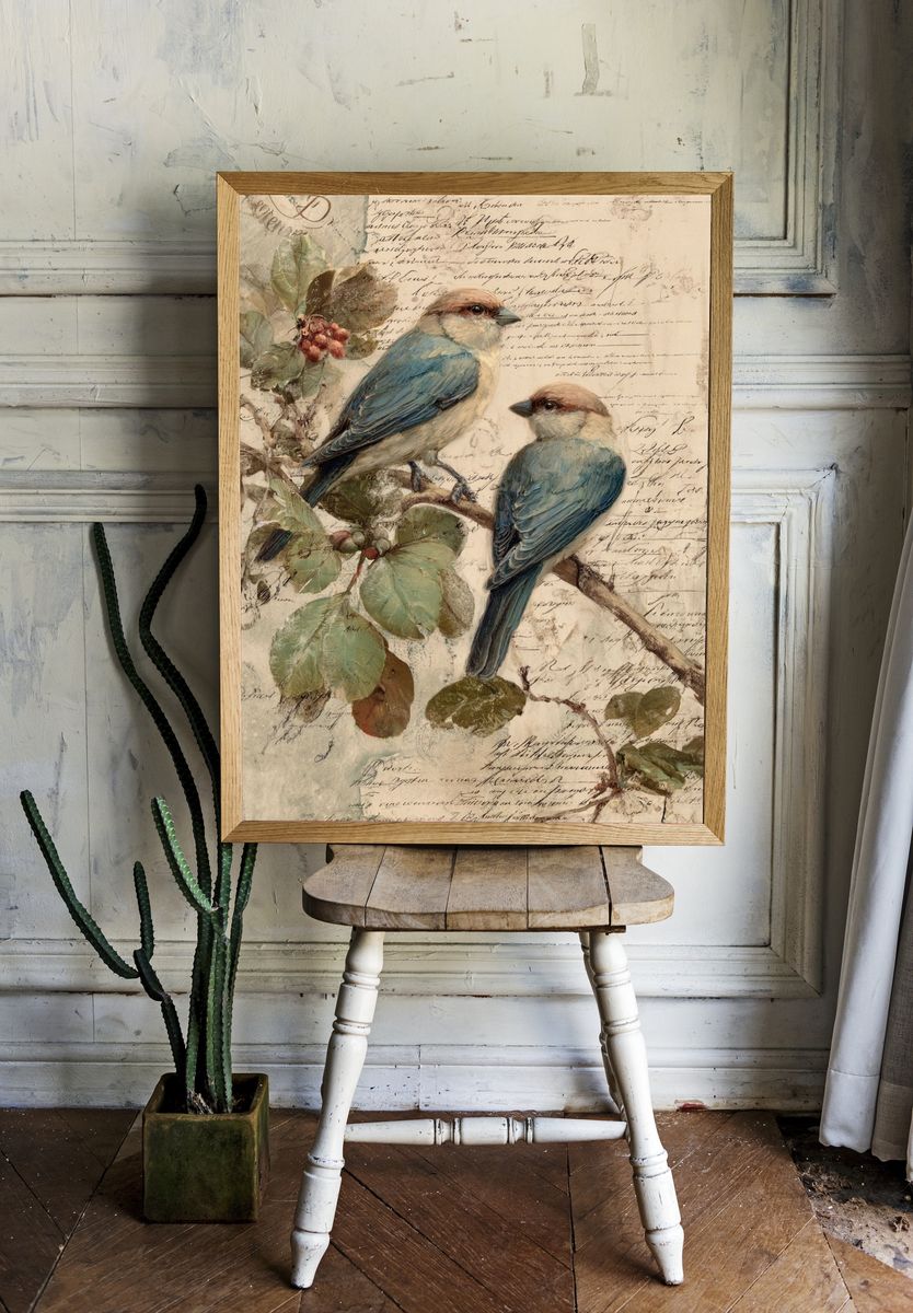 Bluebirds Botanical Vintage Poster. — room view 1