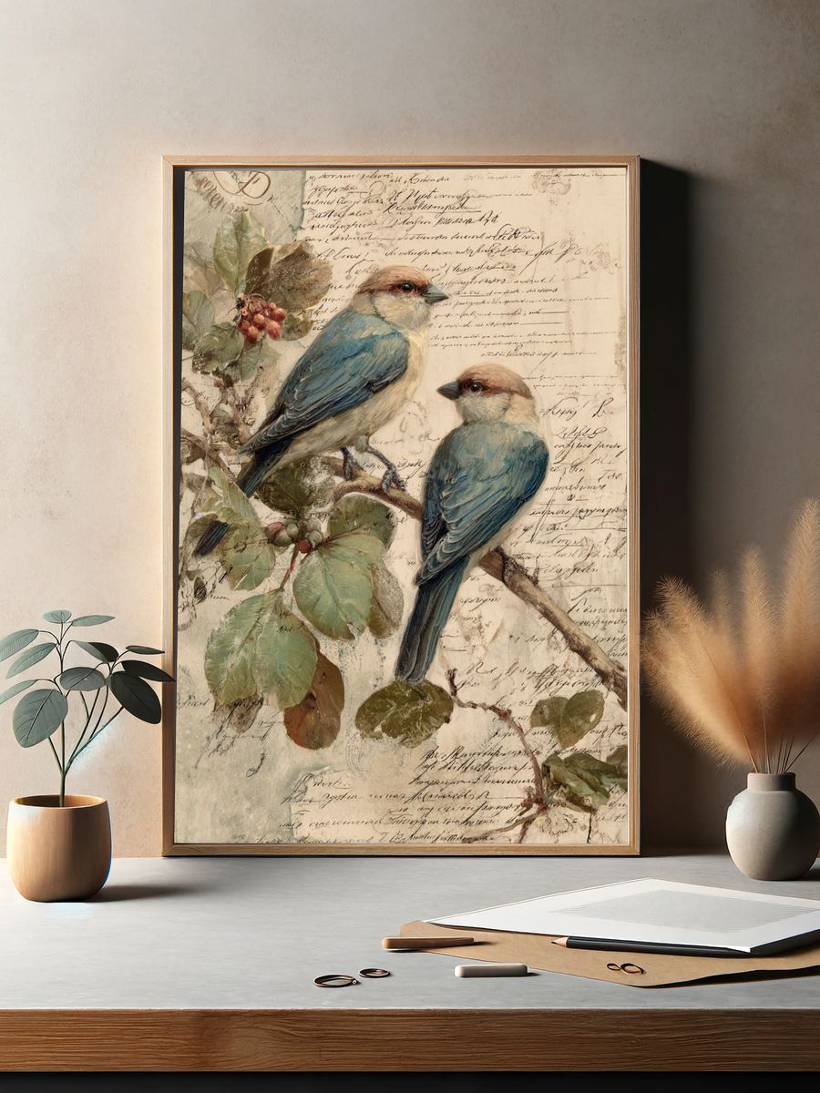 Bluebirds Botanical Vintage Poster. — room view 2