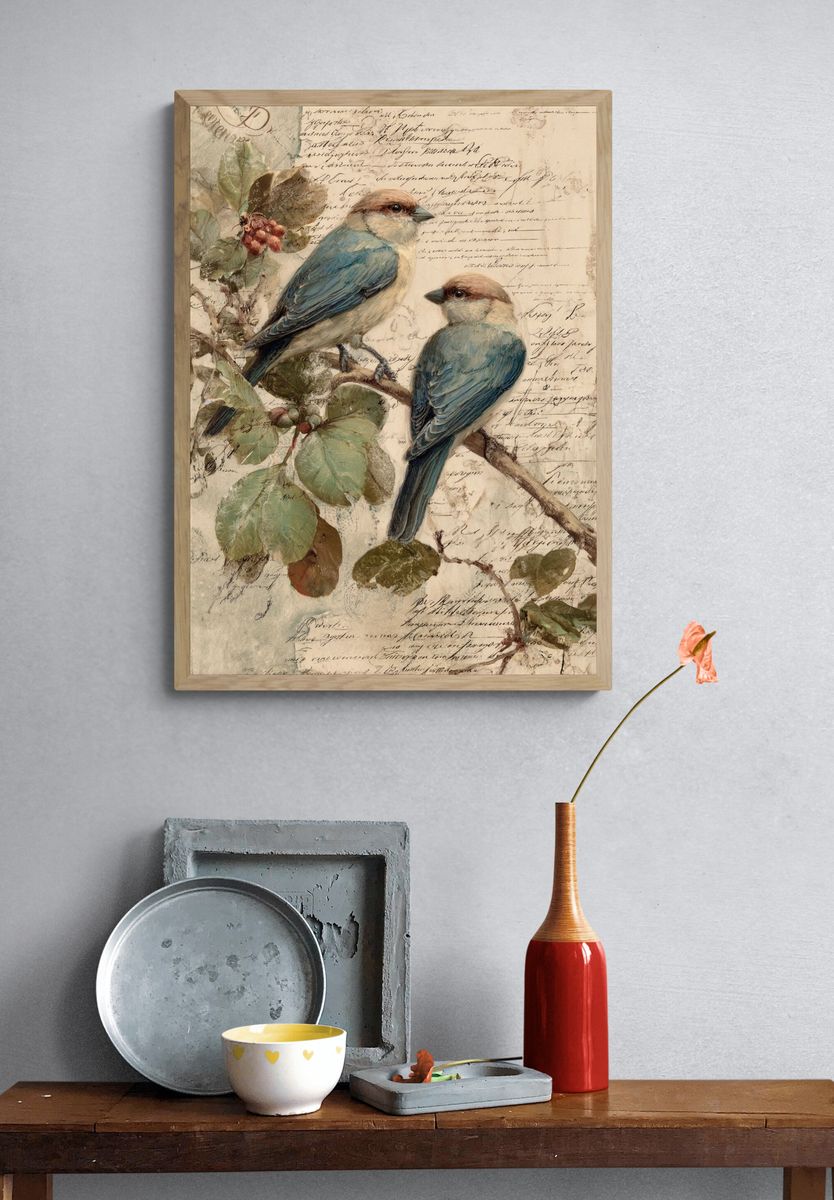 Bluebirds Botanical Vintage Poster. — room view 3