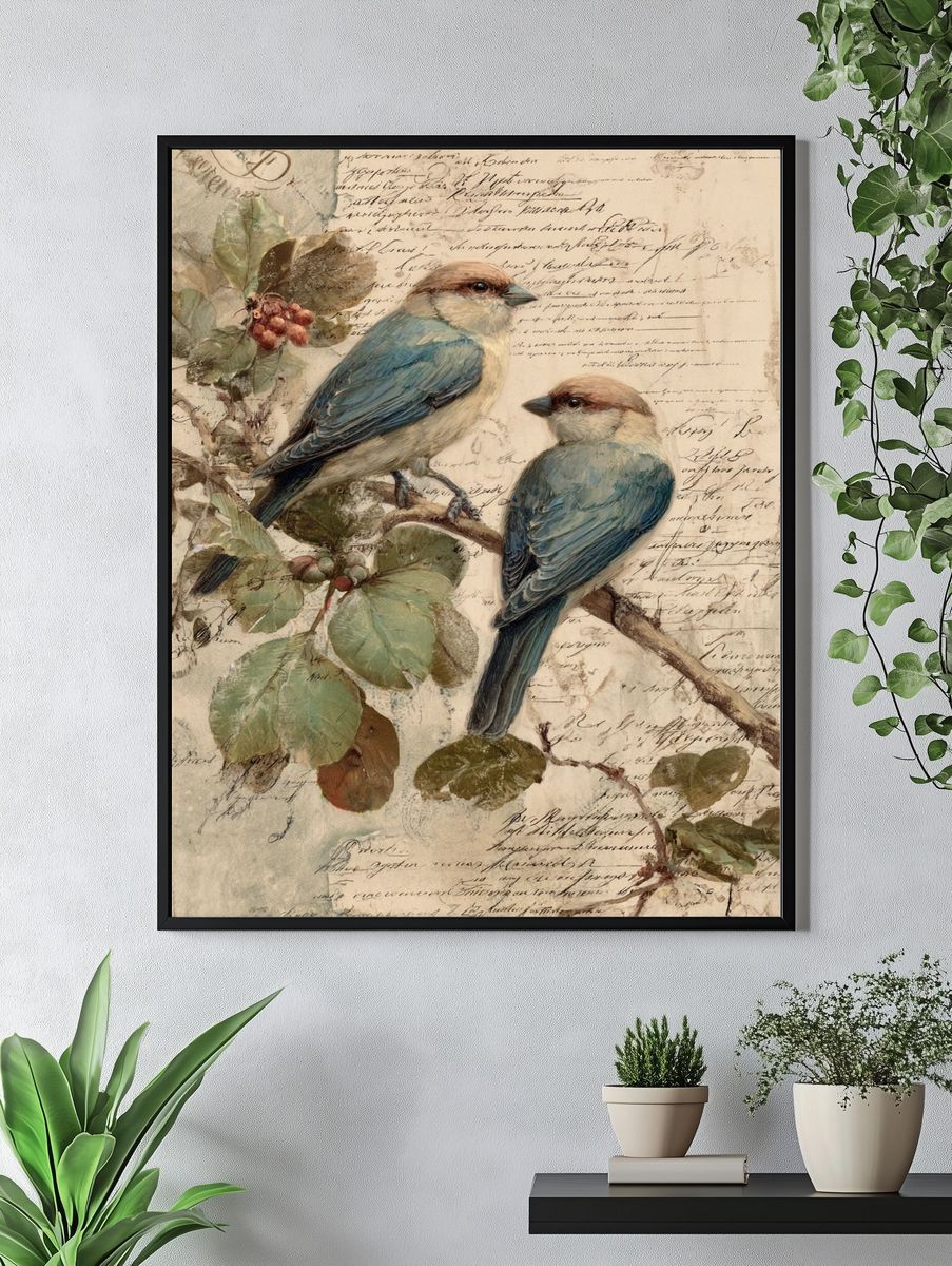 Bluebirds Botanical Vintage Poster. — room view 4