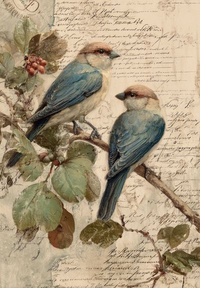 Bluebirds Botanical Vintage Poster. poster