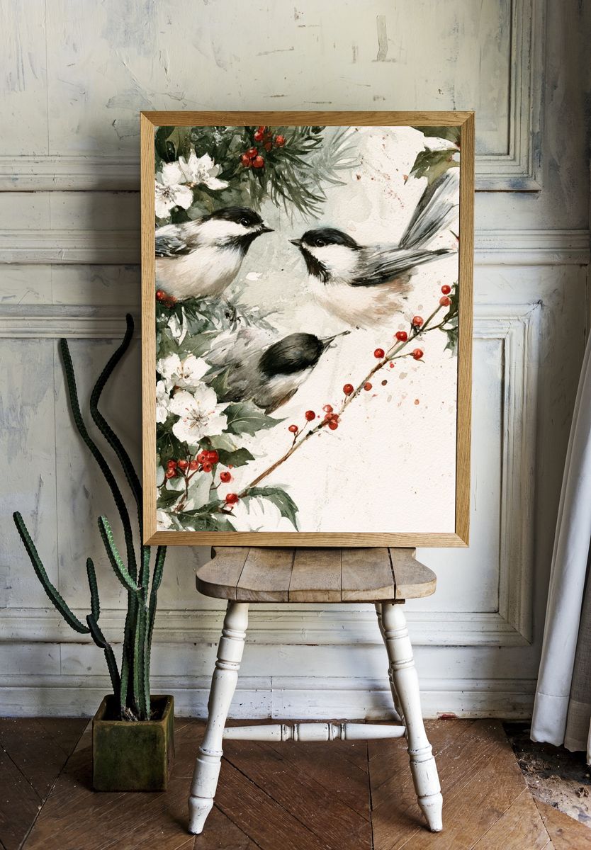 Chickadees and Winter Berries Print. room preview